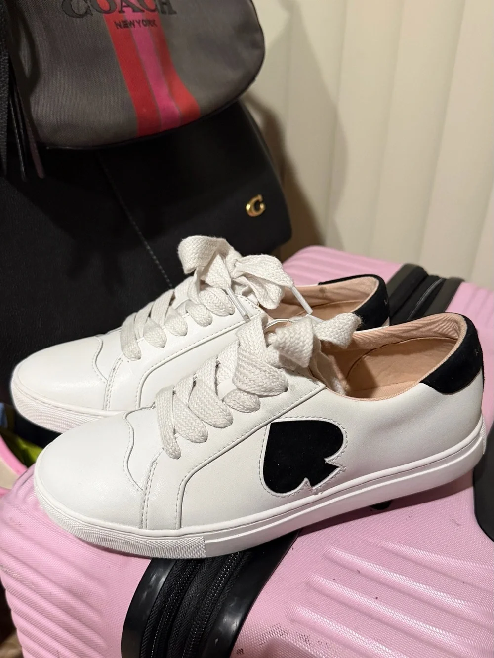 kate spade White Leather Sneakers with Black Heart Accent